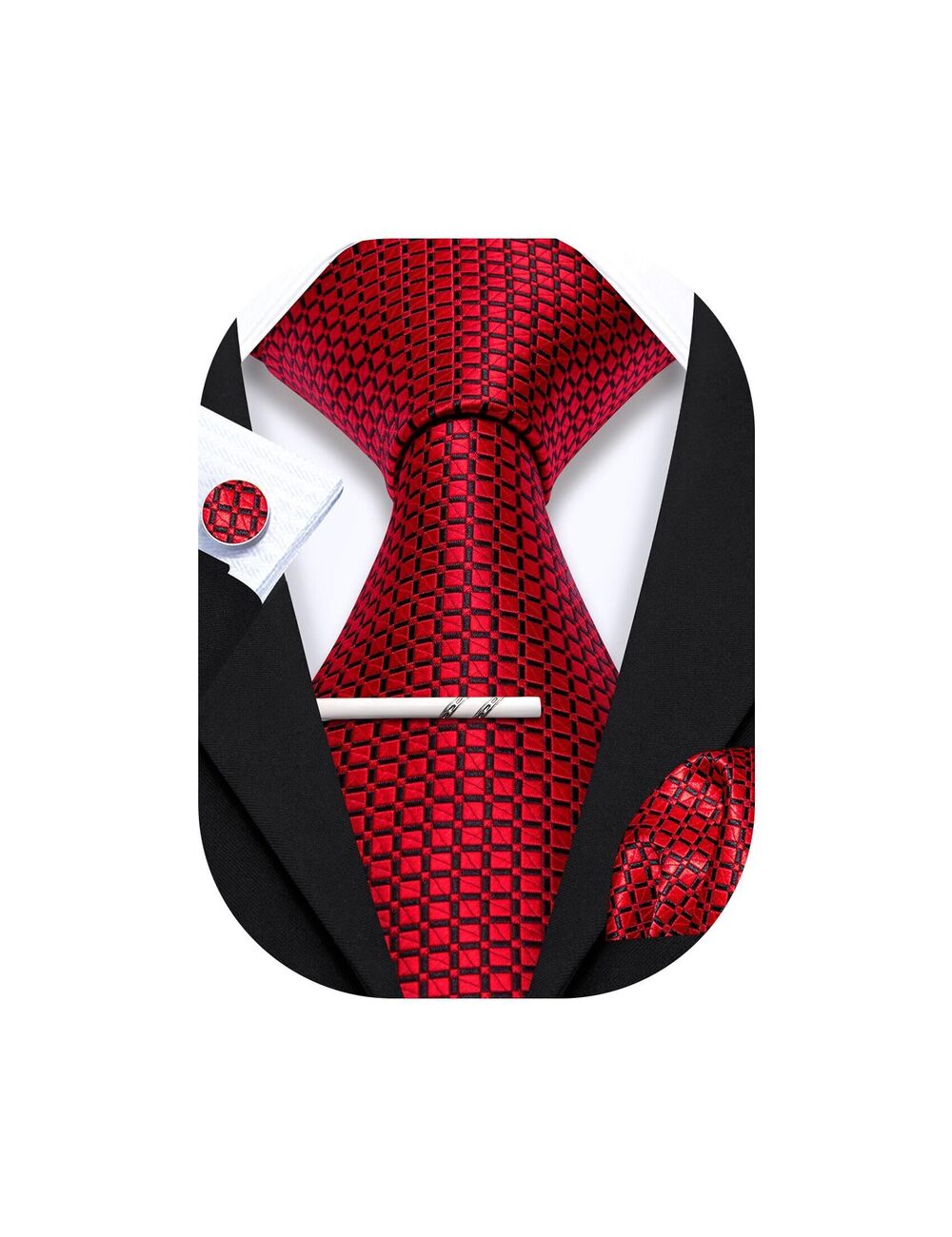 6583 Red Black Tie with Tie Clip Plaid Silk Pocket Square Cufflinks Set
